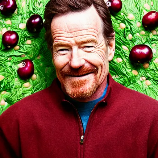 Prompt: closeup portrait of bryan cranston happy face surrounded by cranberries, food photography, natural light, sharp, detailed face, magazine, press, photo, steve mccurry, david lazar, canon, nikon, focus