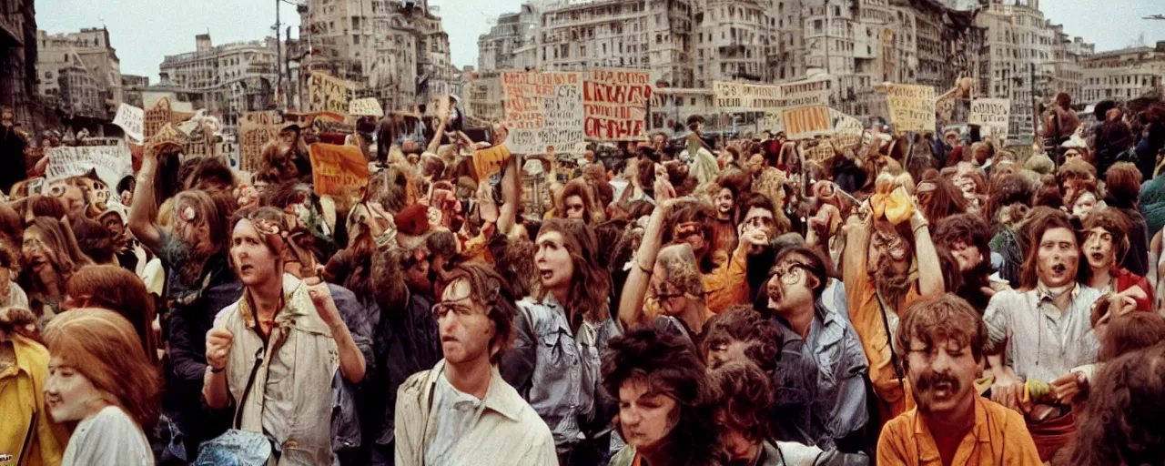 Image similar to hippies protesting spaghetti, 1 9 6 0's, high detailed face, realistic faces, small details, intricate, canon 5 0 mm, wes anderson film, kodachrome