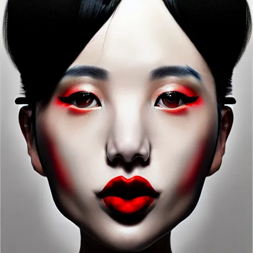 Prompt: a woman with black hair and a red lipstick, a photorealistic painting by wang duo, featured on cg society, photorealism, behance hd, ultrafine detail, high detail