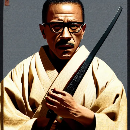 Prompt: gustavo fring from breaking bad wearing samurai armor and holding a katana in feudal japan, 4 k, hyper realistic, ink block painting, edo period