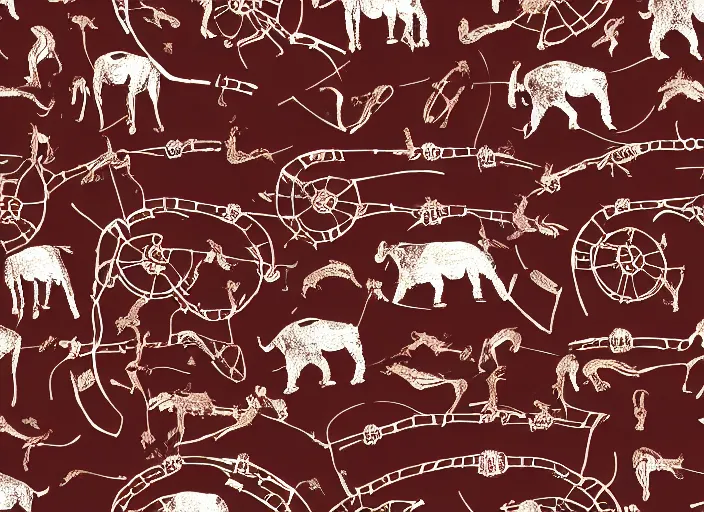 Prompt: painted pattern which depicts figures of ancient hunters mammoths vw buses steering wheels, rock cave painting, red ocher, finger painting