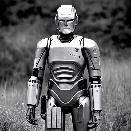 Image similar to Annie Leibovitz portrait of Robocop outdoors, 35mm, black and white, portrait,