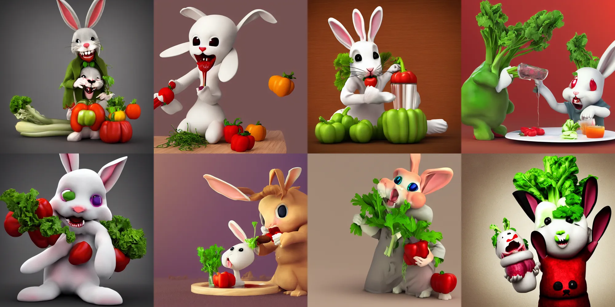 Prompt: an adorable bunny vampire is sucking the juice out of vegetables because it\'s so hungry, 3d render