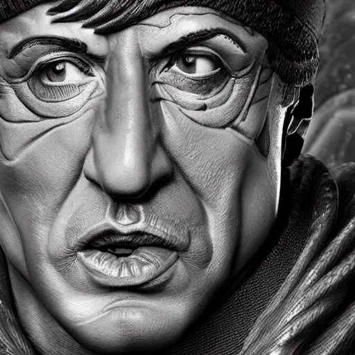 Prompt: sylvester stallone made of marble, hyper detailed, flowing psychadelic background intricate and detailed, ornate 8 k gorgeous intricate detailed, octane render, black and white