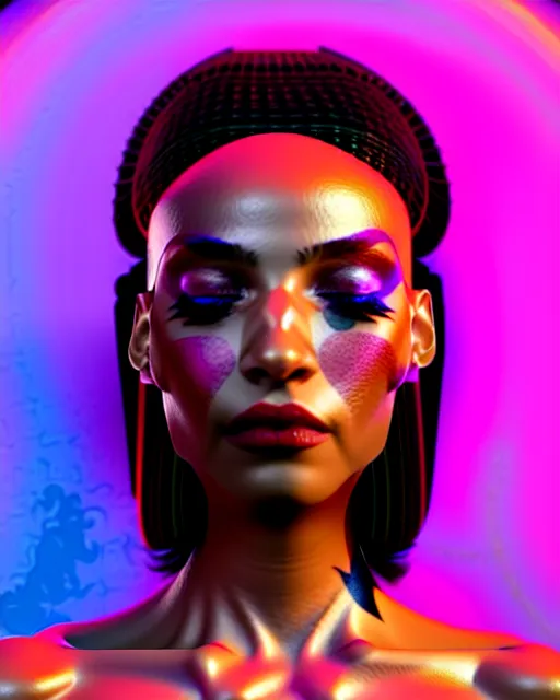 Image similar to beautiful female, arabic, haze, model, brown skin, intricate, filter, symmetrical face, makeup, sephora, maybelline, studio, reflections, cinematic, filmic, vsco, concept art, artstation, elegant, model, gorgeous, vray, flim, octane render, ambient occlusion, prism details