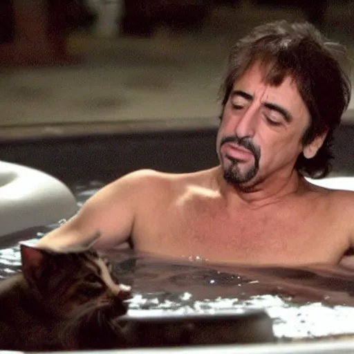 Image similar to al pacino scarface hot tub scene, except he wears cat ears and plays valorant on a laptop