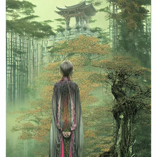 Image similar to a simple concept art portrait of an ancient temple in the forest, an award winning yoshitaka amano digital art poster, by, james gurney and gerhard richter. art by takato yamamoto. masterpiece, deep colours.