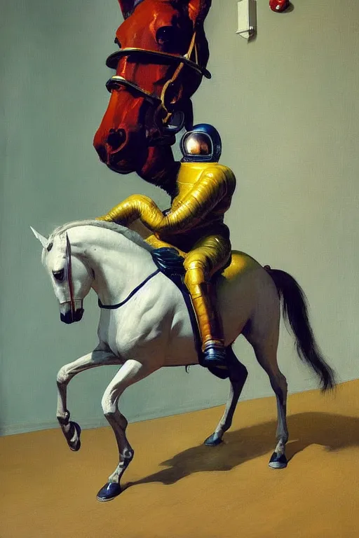 Image similar to a horse riding an astronaut, hauntingly surreal, highly detailed painting by francis bacon, edward hopper, adrian ghenie, gerhard richter, and james jean soft light 4 k,