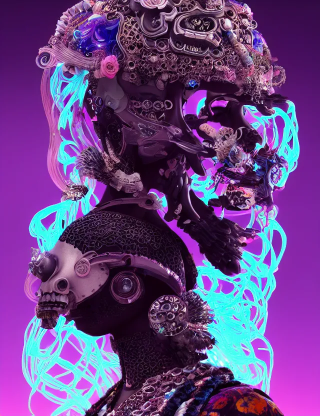 Image similar to 3 d goddess close - up profile portrait cyberpunk with ram skull. beautiful intricately detailed japanese crow kitsune mask and clasical japanese kimono. betta fish, jellyfish phoenix, bio luminescent, plasma, ice, water, wind, creature, artwork by tooth wu and wlop and beeple and greg rutkowski