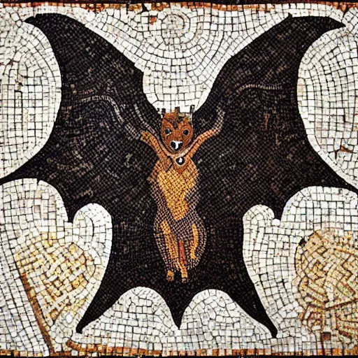 Image similar to medium shot Mosaic depicting a cute realistic pet bat looking left, from Italica, AD 176-275. Archaeological Museum, Seville. Byzantine mosaics, highly detailed, HQ, HD, beautiful, National Geographic,