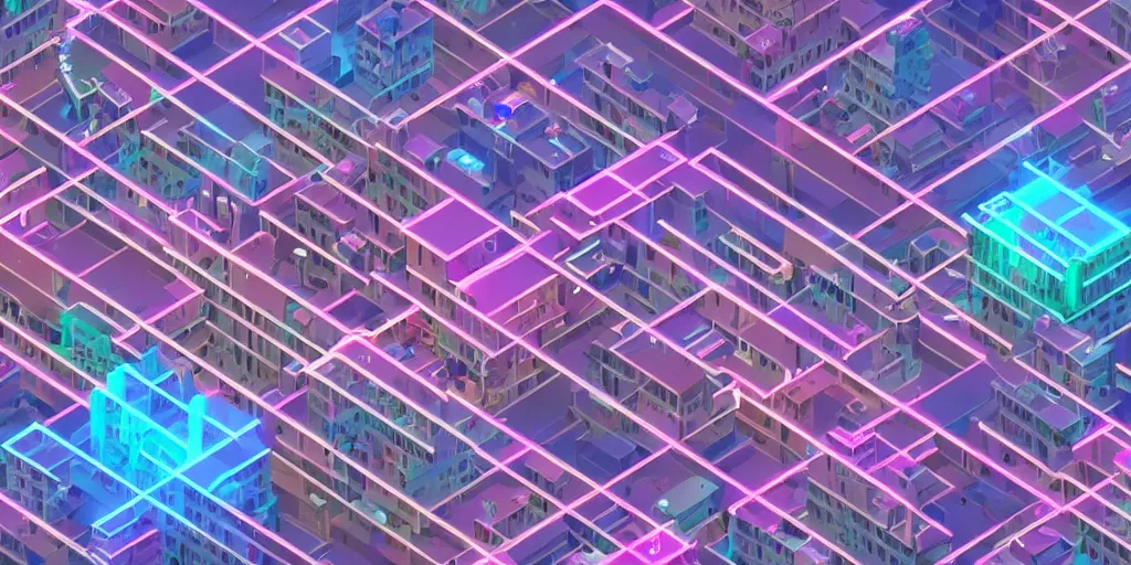 Image similar to isometric voxel art cyberpunk future city at night pink and blue c4d