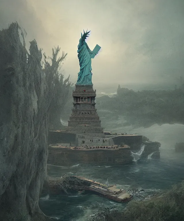 Prompt: highly detailed digital matte painting of an overgrown, abandoned, damaged Lady of Liberty, taken back by nature Full shot. By Raphael LaCoste and Ruan Jia and Robert McCall, postcyberpunk, geodesic dome, hyperdetailed, sunrise, wide shot, autochrome, octane render