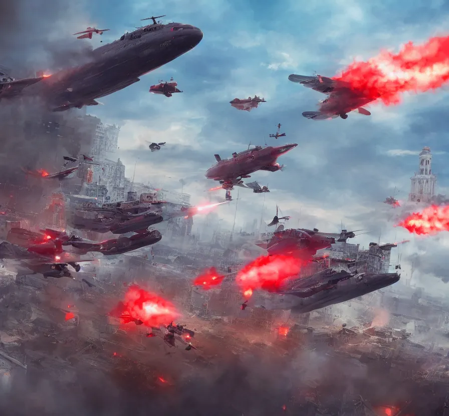 Image similar to red alert troops in real life invading city and kirov dirigible fly in sky, hd, hdr, ue 5, ue 6, unreal engine 5, cinematic 4 k wallpaper, 8 k, ultra detailed, by popular digital artist, beautiful image, resolution, artstation