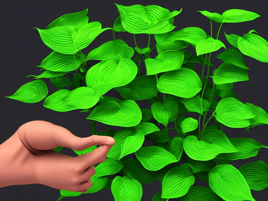 Image similar to 3 d render of a human hand reaching towards abundant flowering hosta plants!!!, 3 d geometric neon shapes, rule of thirds, clean linework, dramatic, award winning, 4 k, trending on artstation, photorealistic, volumetric lighting, octane render