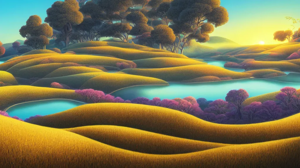 Image similar to digital painting of a lush sinuous river valley by. river. sunset. chiho aoshima. digital render. detailed. beautiful landscape.