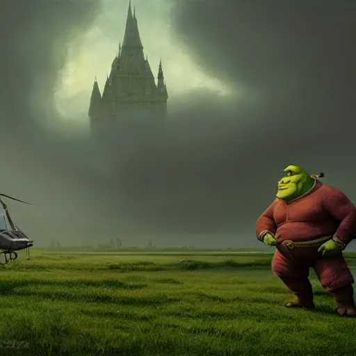 Image similar to shrek vs armstrong on helipad during storm, hyperrealism, no blur, 4 k resolution, ultra detailed, style of dragan bibin, denis villeneuve, tyler edlin, greg rutkowski