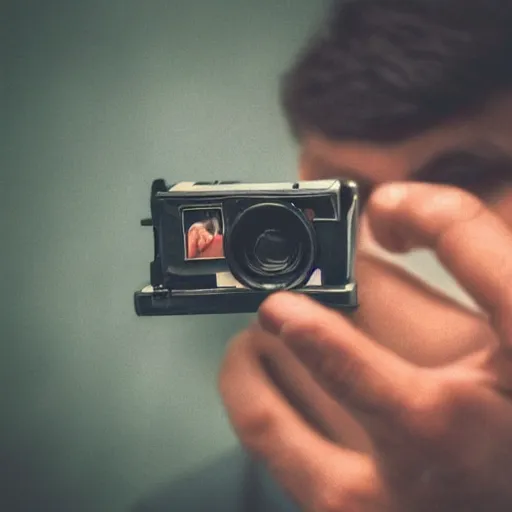 Prompt: An atmospheric close up photo of A man sticking a gun in the camera, bokeh, Polaroid, masterpiece