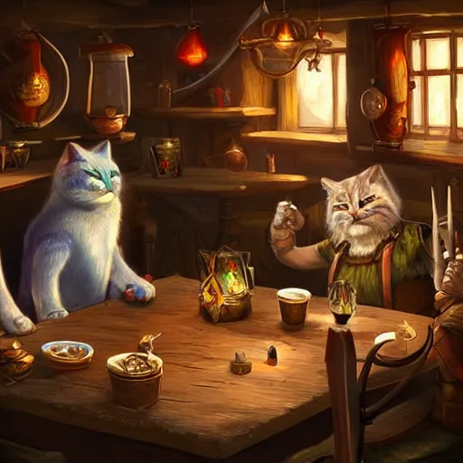 Image similar to cool cat people talking inside a tavern, fantasy art, cozy, dnd, digital art, 4 k