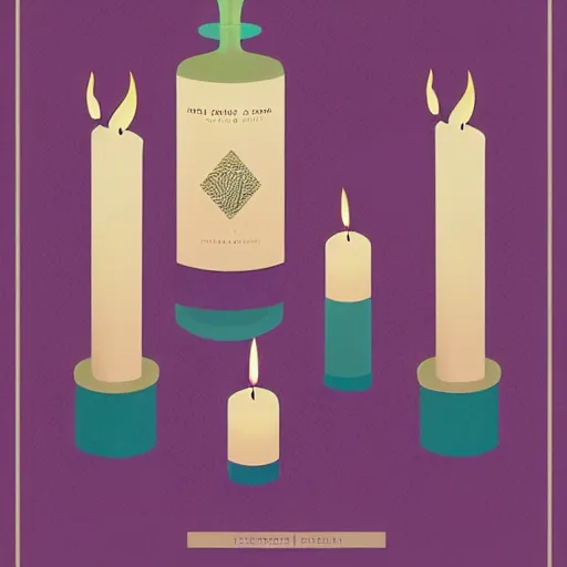 Prompt: illustration with a set of beautiful scented candles by tomer hanuka, an art deco painting by tom whalen, interior, trending on behance, grainy texture, flat shading, vector art, airbrush, pastel, watercolor, poster