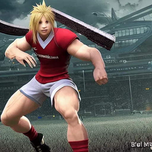 Image similar to final fantasy 7 hyper realistic rugby weapons, highly detailed.