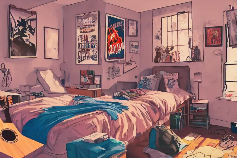 Image similar to a room of an american teen, graffiti and posters on the wall, bed, guitar, bright, the sun shines in, warm, cozy, isometric art, bright, artstation, highly detailed, cinematic lighting + masterpiece