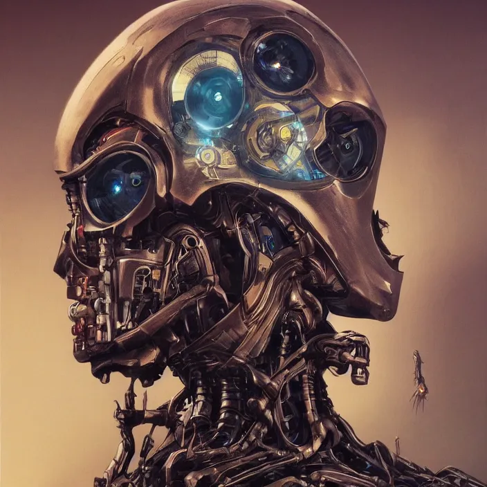 Prompt: portrait of a topaz Ultron from Age of Ultron, clockwork steampunk, head and chest only, cybernetic skull-like head, by Beksinski, 4k, deviantart, trending on artstation