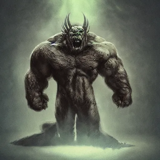 Prompt: huge hulking creature, muscular and terrifying, unsettling, creepy, epic hairy monster terrifying covered in dark fur and matted mud with glowing green eyes, concept art, digital character art, artstation, cgsociety