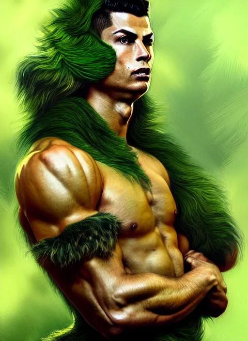 Image similar to portrait of aggressive furry cristiano ronaldo, d & d, muscular! green, fantasy, intricate, elegant, highly detailed, digital painting, artstation, concept art, smooth, sharp focus, illustration, art by artgerm and greg rutkowski and alphonse mucha