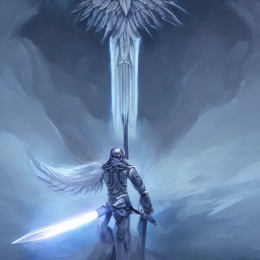 Image similar to a beacon of light is channeled from above into the tip of a white fantasy sword which splits and refracts the energy overhead by an archangel man on a medieval battlefield, artstation, deviantart, 8k, concept art, incredibly detailed art