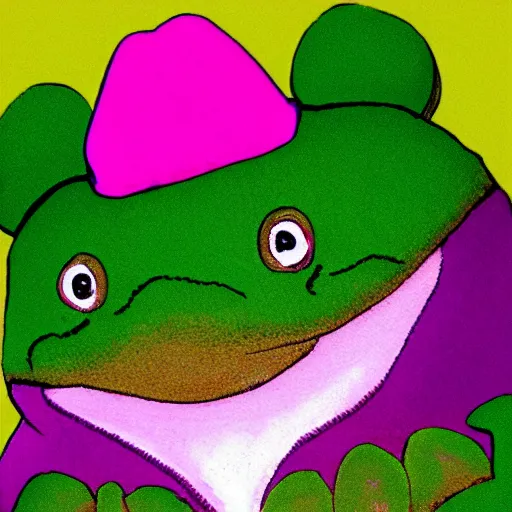 Prompt: a fat happy frog on a solid magenta background