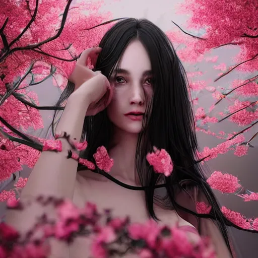 Image similar to beautiful girl in a dress made of black roses and cherry blossoms, beautiful portrait, symmetrical, character concept style trending on artstation concept art detailed octane render cinematic photo - realistic 8 k high detailed