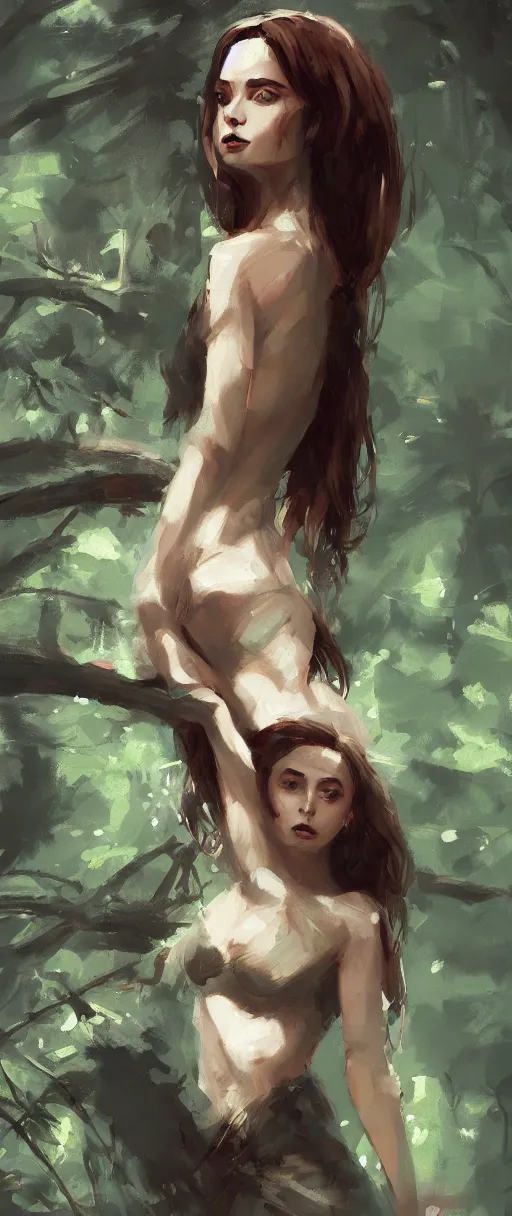 Image similar to A painting of a beautiful woman in a forest trending on artstation in the style of Greg Rutkowski