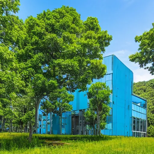 Prompt: large blue building surrounded by greenery and trees