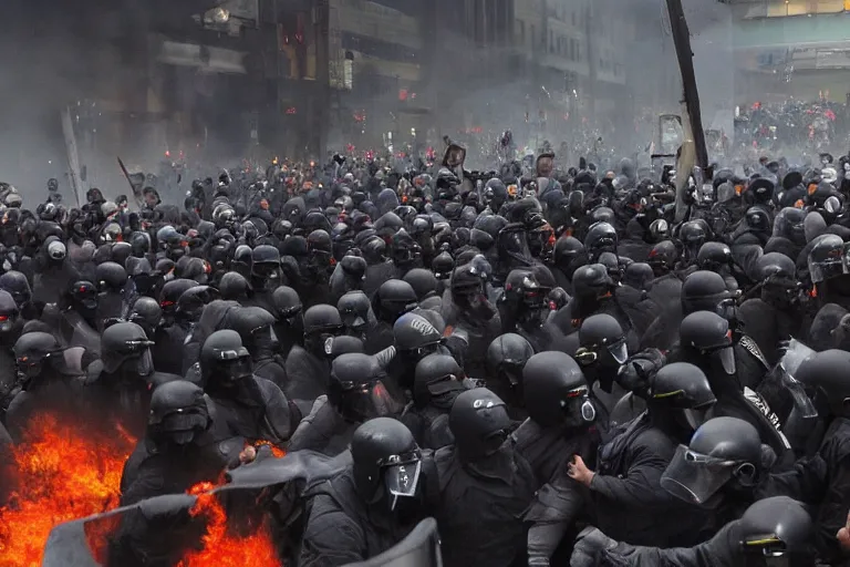 Prompt: photo of the tired grim reaper central figure walking among angry rioters, riot, violent protest, hyper detailed, realistic, cinematic