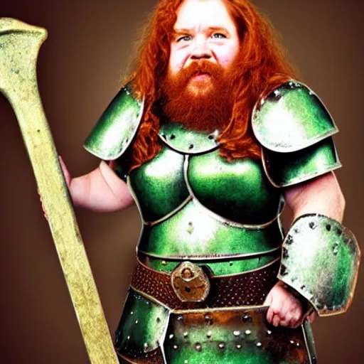 Image similar to dwarven woman, ginger hair, green eyes, holding hammer and shield with plate armour