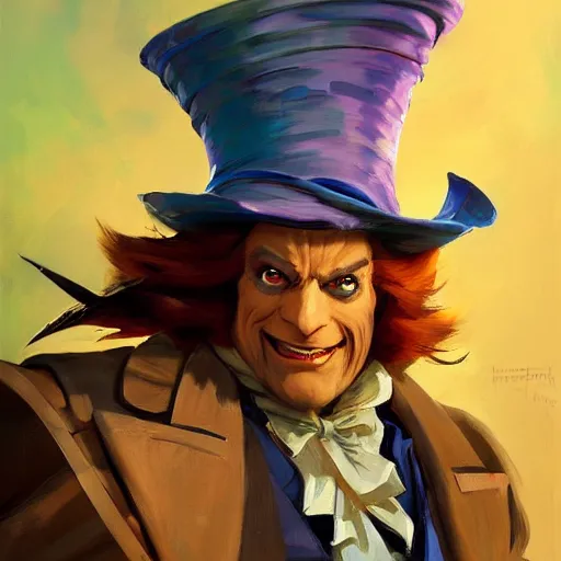 Image similar to greg manchess portrait painting of partially armored mad hatter from alice in wonderland as overwatch character, wacky, medium shot, asymmetrical, profile picture, organic painting, sunny day, matte painting, bold shapes, hard edges, street art, trending on artstation, by huang guangjian and gil elvgren and jesper ejsing