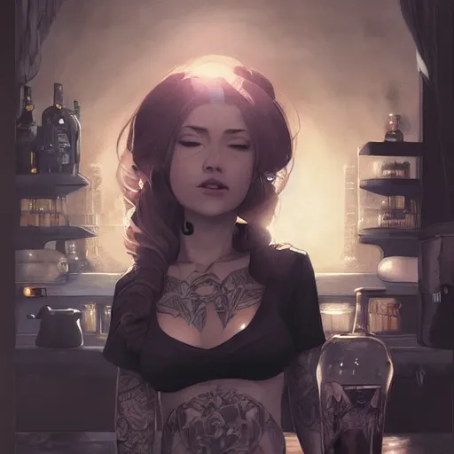 Image similar to enchanting bar maid, tattoos, black t - shirt, black skirt, detailed portrait, intricate complexity, by greg rutkowski, artgerm, ross tran, conrad roset, takato yomamoto, ilya kuvshinov. 4 k, beautiful, cinematic dramatic atmosphere