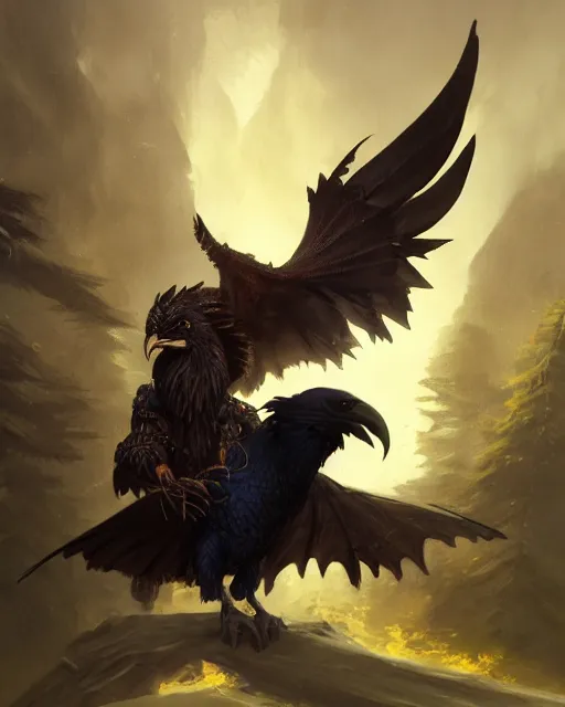 Image similar to oil painting of a Anthropomorphized raven shaman fusing with dragon, sharp focus, heroic pose, fantasy style, octane render, volumetric lighting, 8k high definition, by greg rutkowski, highly detailed, trending on art Station, magic the gathering artwork, Woodland background, centered