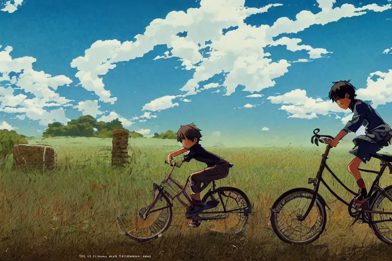 Prompt: a boy riding his bike through the plains of rural japan, high intricate details, rule of thirds, golden ratio, cinematic light, anime style, graphic novel by fiona staples and dustin nguyen, by beaststars and orange, peter elson, alan bean, studio ghibli, makoto shinkai