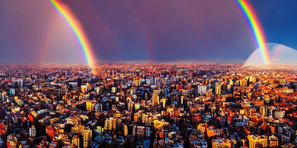 Prompt: a huge city landscape with a dawn mood, many rainbows in the background, incredible digital art, many rainbows, wide angle,