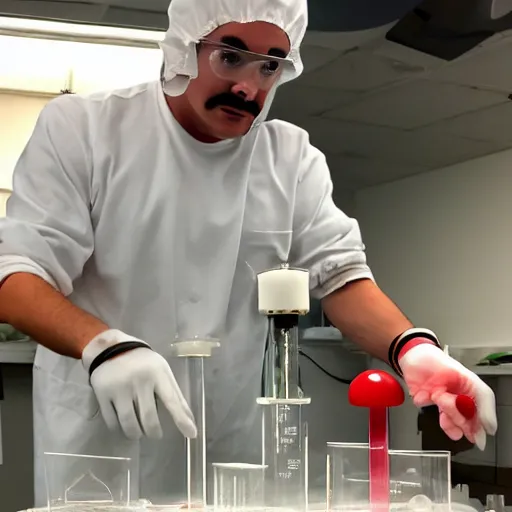 Image similar to Mario in lab doing experiments with his mushroom