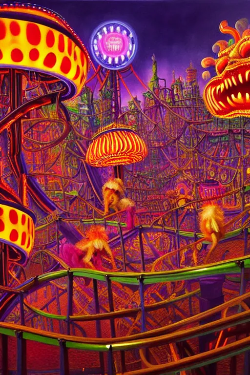 Prompt: a hyperrealistic detailed painting of an ornate carnival with glowing lights, colorful, chimeric mutant horror creatures riding a rollercoaster. scary funhouse, cinematic lighting, depth perspective, depth of field, cinematic angle, by chris cunningham and richard corben, highly detailed, vivid color,