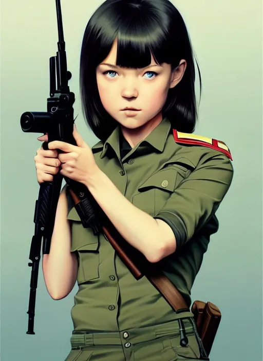 Image similar to movie, full body, cute, female, a pretty alluring girl wearing a school uniform and holding a sniper rifle, symmetry face, photoreal, realistic shaded lighting poster by ilya kuvshinov, katsuhiro otomo, kidmo!!!, trending on artstation, magali villeneuve, artgerm, jeremy lipkin and michael garmash