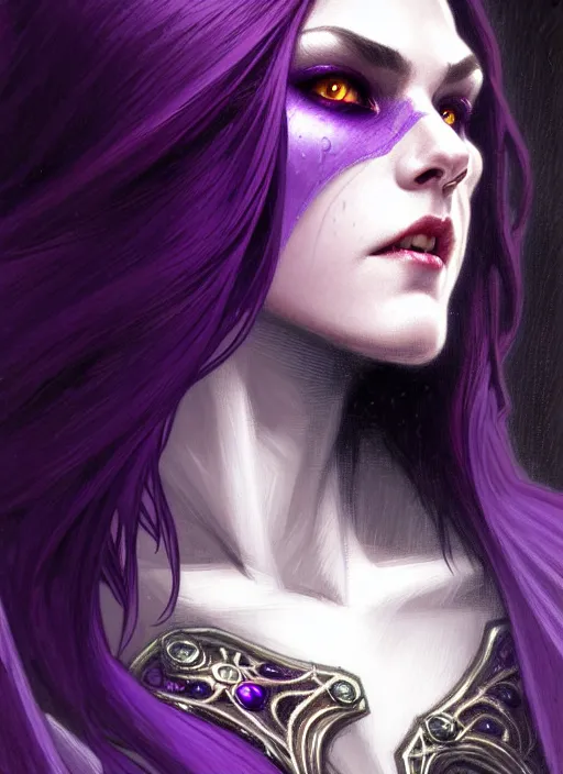 Image similar to close up character concept portrait of a vampire in amethyst armor with purple hair, strong, intricate, elegant, intense, stoic, highly detailed, digital painting, artstation, concept art, symmetry, smooth, sharp focus, illustration, black and red, art by gaston bussiere and alphone mucha