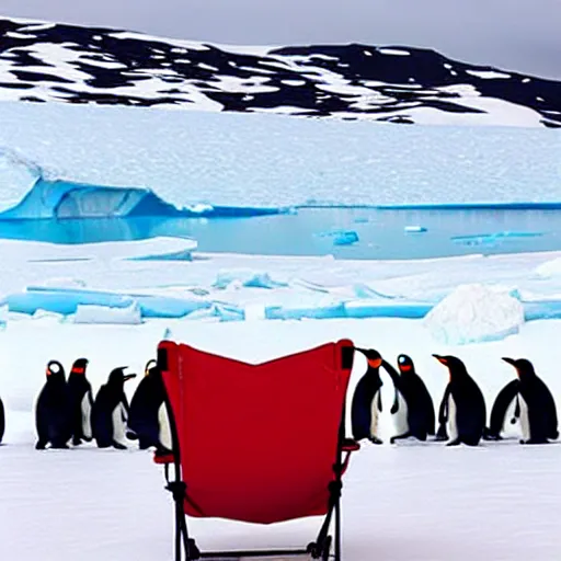 Image similar to a red camping chair in the middle of antarctica. the chair is far away from the camera and the chair is surrounded by a group of penguins.