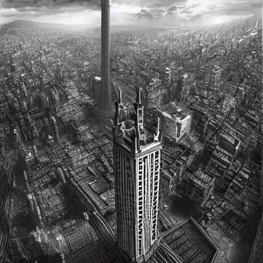 Image similar to an ultra detailed black and white matte painting of a lonely and impossibly tall ominous dark tower elevated high above the city, on an isolated plateau island in a river elevated high above the city fortress tower, fantasy capital city, ultrawide lense, aerial photography, volumetric lighting, exquisite detail, 8 k, art by artgerm and greg rutkowski and alphonse mucha