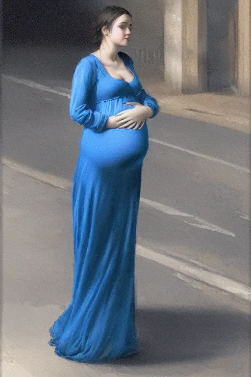 Image similar to pregnant woman in a small blue dress on night street, highly detailed, sharp focused, ultra realistic digital concept art by Edwin Longsden Long