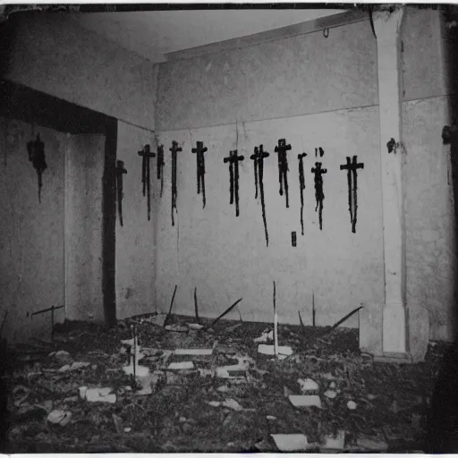 Image similar to creepy abandoned occult sacrifice site in building, crosses hanging on walls, handprints on floor, real Polaroid photo