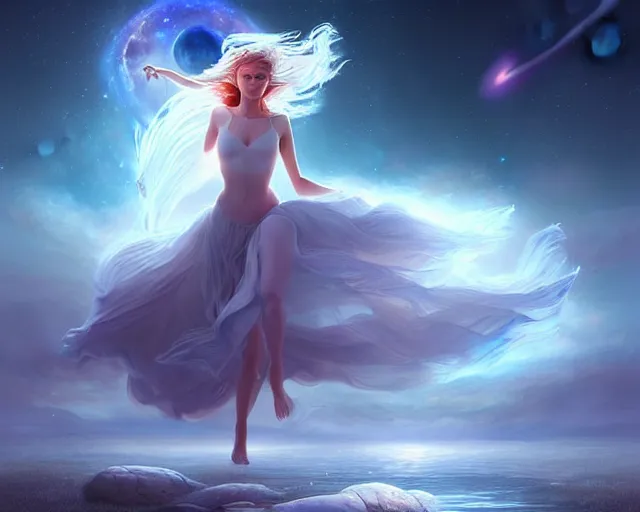 Prompt: a lone beautiful ethereal spirit floating running quicklly with both legs along the shimmering crystalline shores of eternity, universe and planets and stars in the sky, unusual surreal, gorgeous artwo 6 rk by artgerm, rutkowski, wlop, detailed, dramatic lighting