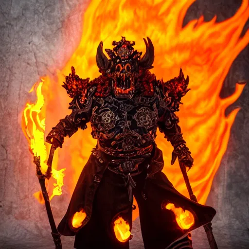 Image similar to ragnaros the firelord wielding burning skull as a mask full body 8 k